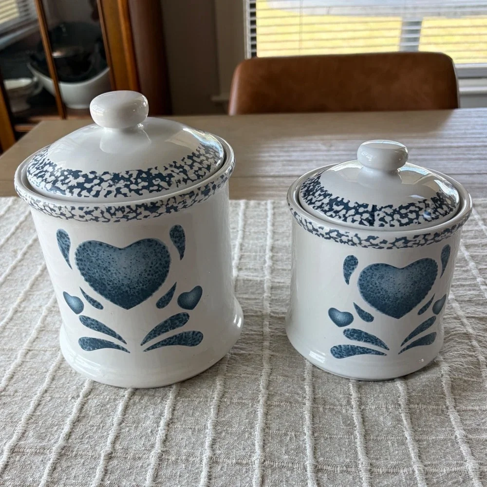 Jay Imports Country Blue Heart stoneware canisters Set of 2 with lids
